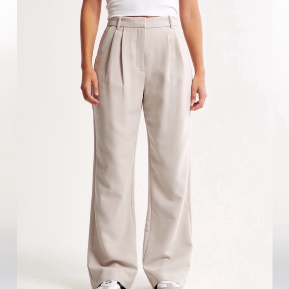 Abercrombie Sloane Tailored Wide Leg Pants 16 Short Light Beige Office High Rise - Picture 3 of 11